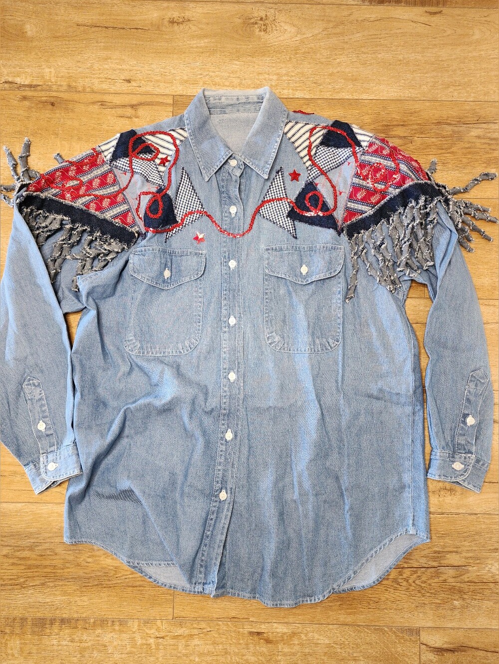 RARE Vintage 90s Carolina Blues Women M Patchwork Western Denim Fringe Shirt USA